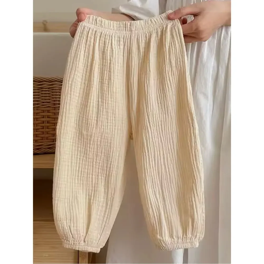 New toddler boy girl Light Cream Gauze Elastic Waist Pants 18-24 months